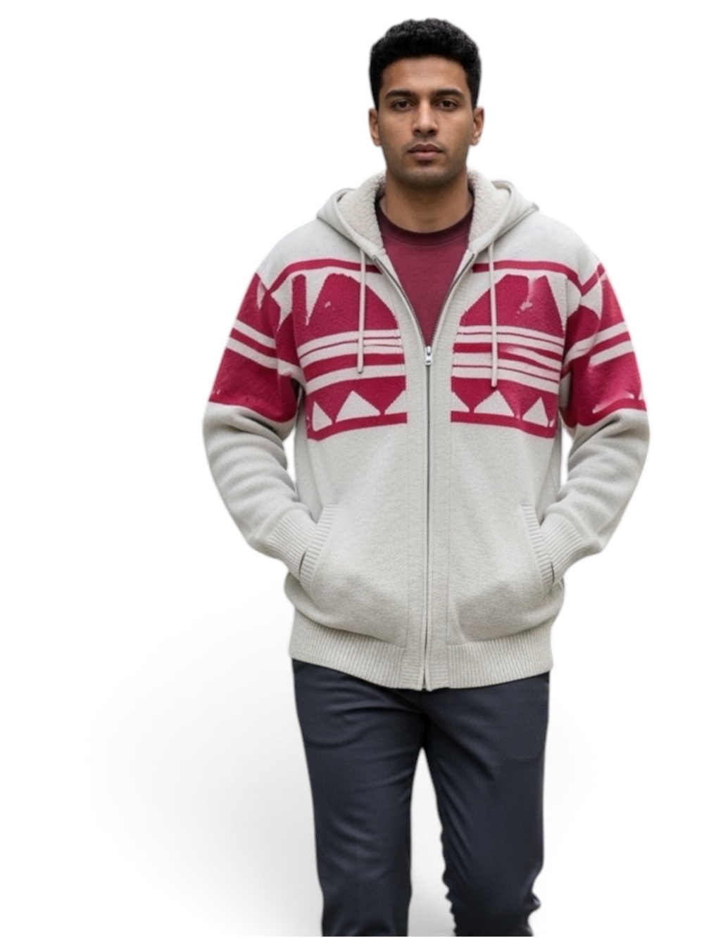 American Rag Men’s Beige & Red Zip-Up Hooded ,  Sherpa Lined Sweater - NWT
